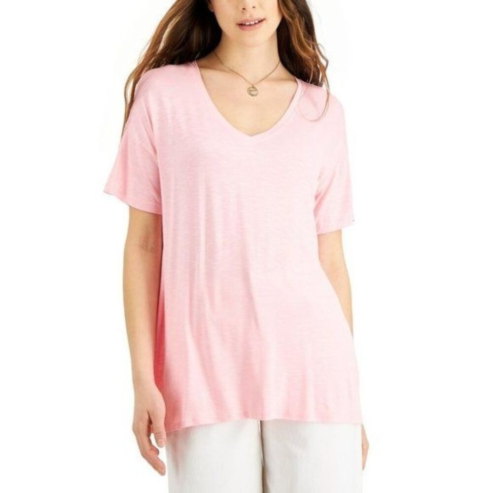 AQ-2523 Style & Co Drapey V-Neck Short Sleeve T-Shirt Pink Size L